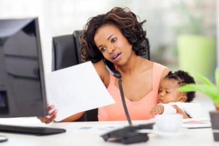 busy mom haggling with insurance company