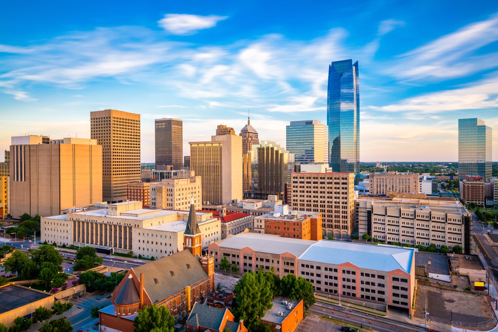 A landscape view of the Oklahoma City skyline during the day