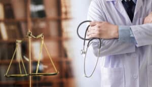 An expert witness holding a stethoscope and standing next to a scale