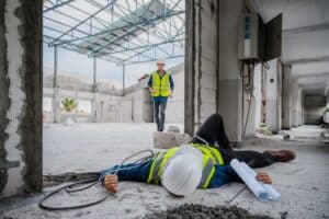 Injured construction worker who fell on site due to potential osha violation, and another worker running toward him to help.