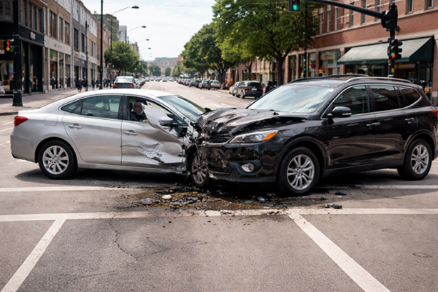 Upset man standing in between two wrecked cars after a motor vehicle accident has occurred.
